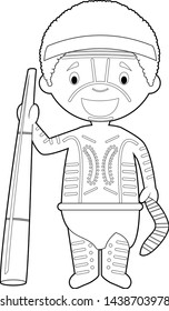 Easy coloring cartoon character from Australia (Aboriginal) dressed in the traditional way with didgeridoo. Vector Illustration.