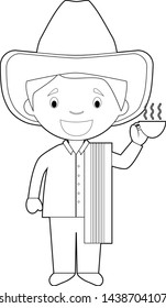 Easy coloring cartoon character from Colombia dressed in the traditional way with a cup of coffee in his hand. Vector Illustration.