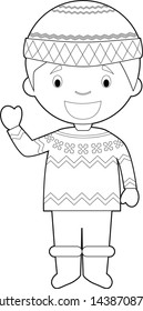 Easy coloring cartoon character from Iceland dressed in the traditional way with the typical Iopapeysa sweater. Vector Illustration.