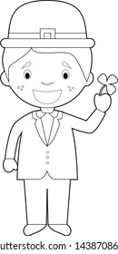 Easy coloring cartoon character from Ireland dressed in the traditional way with a clover. Vector Illustration.