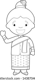Easy coloring cartoon character from Laos dressed in the traditional way Vector Illustration.