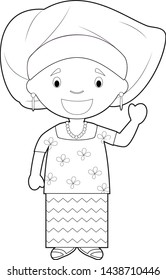 Easy coloring cartoon character from Nigeria dressed in the traditional way with a gele hat. Vector Illustration.