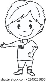 Easy coloring cartoon character of school boy pointing wearing uniform and shoes .vector illustration.