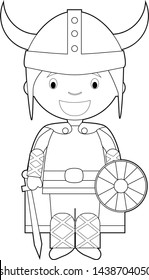 Easy coloring cartoon character from Sweden, Norway or Scandinavia dressed in the traditional way as a viking warrior. Vector Illustration.