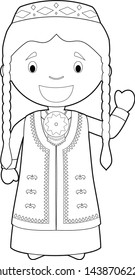 Easy coloring cartoon character from Turkmenistan dressed in the traditional way Vector Illustration.