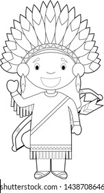 Easy coloring cartoon character from USA dressed in the traditional way of the American Red Indians. Vector Illustration.