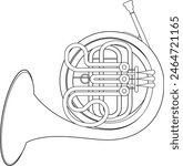 Easy coloring cartoon vector illustration of a french horn isolated on white background
