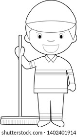 Easy coloring cartoon vector illustration of a sweeper.