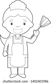 Easy coloring cartoon vector illustration of a maid or cleaning girl.