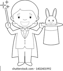 Easy coloring cartoon vector illustration of a magician.