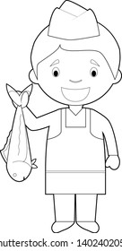Easy coloring cartoon vector illustration of a fishmonger.