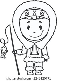 easy coloring page boy and fishing rod holding caught fish  happy smiling boy and caught fish vector illustration  child boy and winter clothes  eps