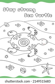 Easy coloring page for children. Turtle, fish wave Underwater cute animal coloring page for kids. Kids education kid game child activity Sea coloring book. Ocean page be colored. Vector illustration.
