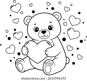 easy coloring page, cute little bear holding a heart. You can print it on standard