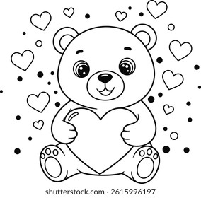 easy coloring page, cute little bear holding a heart. You can print it on standard