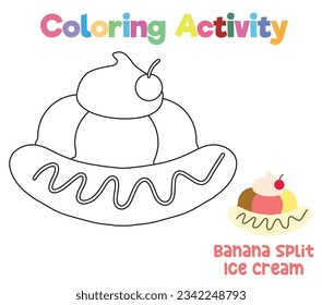 Easy coloring page for kids. Coloring activity for children. Coloring the banana split ice cream. Educational printable coloring worksheet. Vector illustration file.