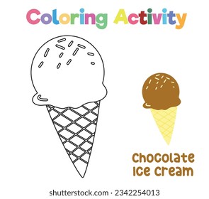 Easy coloring page for kids. Coloring activity for children. Coloring chocolate ice cream cone. Educational printable coloring worksheet. Vector illustration file.