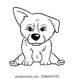 Easy coloring page for kids with an angry corgi puppy. Vector linear black and white drawing of a dog for children's book, sticker, sticker