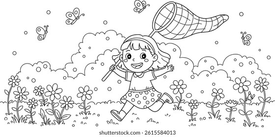 easy coloring page for kids, girl and butterflies. you can print it 