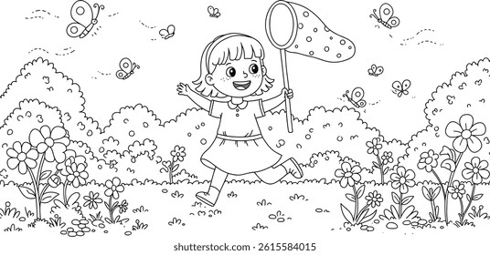 easy coloring page for kids, girl and butterflies. you can print it 
