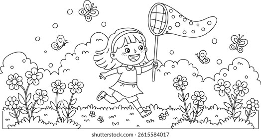 easy coloring page for kids, girl and butterflies. you can print it 