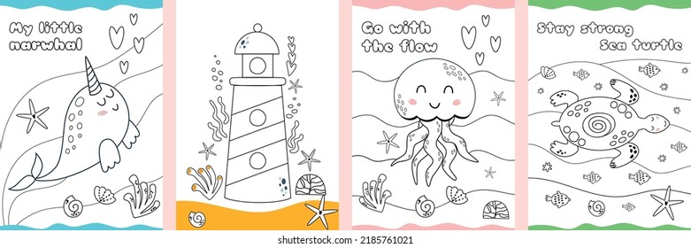 Easy coloring page set  Cute sea animals coloring page for kids  children  Kids game  child activity  Sea coloring book  Ocean page be colored  Whal e turtle jellyfish lighthouse  Vector illustration 