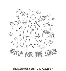 Easy coloring page of space, rocket, stars, planets in universe. Cute coloring page for kids. Children game, toddler activity. Spaceship in cosmas coloring book, page be colored. Vector illustration.