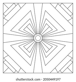 Easy coloring pages for seniors and for adults. Tile pattern design. Composition of 4 fold rotational symmetry of various shapes of paper sheets in tile square form. EPS8 file. #316