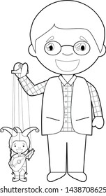 Easy coloring puppeteer cartoon character from Czech Republic with typical puppet. Vector Illustration.