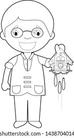 Easy coloring watchmaker cartoon character from Switzerland with cuckoo clock. Vector Illustration.