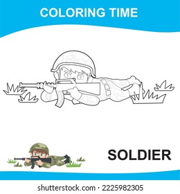 Hoja de cálculo de color fácil. Hoja de actividades para niños. Diseño de libros para niños. El trabajo soñado de los niños. Colorando a un soldado. Archivo vector.