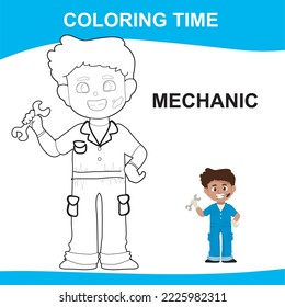 Easy coloring worksheet. Activity sheet for children. Coloring book design for children. Kid’s dream job. Coloring mechanic. Vector file.