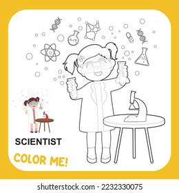 Easy coloring worksheet. Activity sheet for children. Coloring sheet for kids. Coloring a cute little girl as scientist does an experiment in the lab. Kawaii vector file.