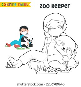 Easy coloring worksheet for children. Kid’s dream job. Coloring zoo keeper. A cute girl as a zookeeper taking care of a panda. Preschool activity sheet. Vector file.