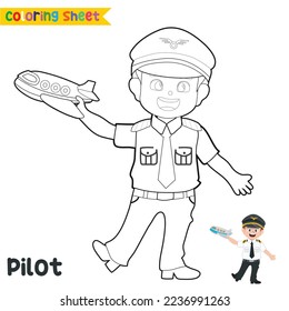 Easy coloring worksheet for children. Kid’s dream job. Coloring pilot. A cute little pilot with the uniform and holding an airplane miniature. Preschool activity sheet. Vector file.