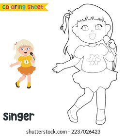 Easy coloring worksheet for children. Kid’s dream job. Coloring singer. a cute singer girl singing happily. Preschool activity sheet. Vector file.