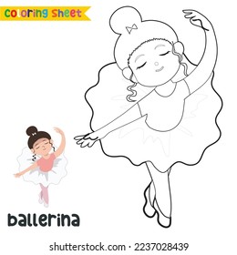 Easy coloring worksheet for children. Kid’s dream job. Coloring ballerina. a cute ballerina girl dancing happily. Preschool activity sheet. Cute character vector illustration file.