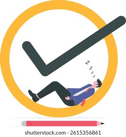 Easy completed task or finish work within deadline, efficiency or productivity, tick checkbox or work done, effort or check list concept, businessman relax sleep on complete checkbox.

