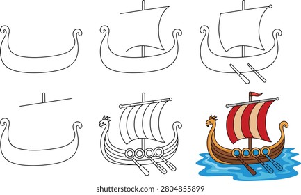 Easy construction steps illustrating how to draw historical longboat with paddles.