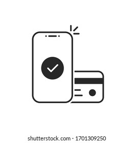 easy contactless payment by linear phone. flat trend modern outline logo graphic design isolated on white. concept of global marketing or e-commerce checkmark sign and paypass method without contact