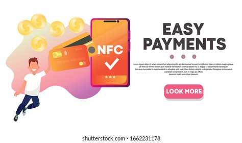 Easy contactless payment. NFC  payment system. Card with contactless payment option. NSF website design concept. Money and banking online