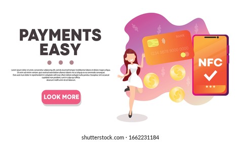 Easy contactless payment. NFC  payment system. Card with contactless payment option. NSF website design concept. Money and banking online
