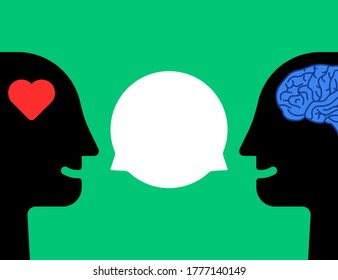 easy conversation of mind and heart. complex psychoanalysis with mentor or behavior help and emotional intellect and iq or bias. flat cartoon modern simple graphic design isolated on green background