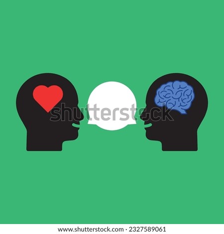 easy conversation of mind and heart. complex psychoanalysis with mentor or behavior help and emotional intellect and iq or bias. flat cartoon modern simple graphic design isolated on green background