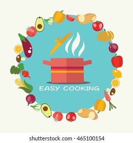 Easy Cooking flat style background with pan and fresh healthy vegetables - each one is isolated for easy use. Healthy lifestyle or diet vector design element. 