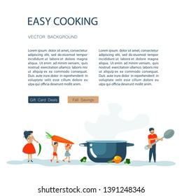 Easy cooking landing page website template. Father mother with their kids preparing dinner together. Happy Family tradition for cooking masterclass or recipe book. Flat Art Vector illustration