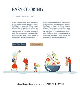 Easy cooking landing page website template. Father mother with their kids preparing dinner together. Happy Family tradition for cooking masterclass or recipe book. Flat Art Vector illustration