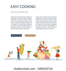 Easy cooking landing page website template. Father mother with their kids preparing dinner together. Happy Family tradition for cooking masterclass or recipe book. Flat Art Vector illustration