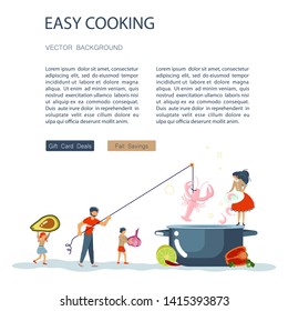 Easy cooking landing page website template. Father mother with their kids preparing dinner together. Happy Family tradition for cooking masterclass or recipe book. Flat Art Vector illustration