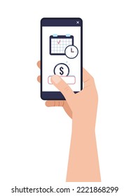 Easy credit payment with calendar on phone screen in hand. Auto pay online with mobile phone - digital device. Scheduled payment communication service concept. Flat design vector illustration.